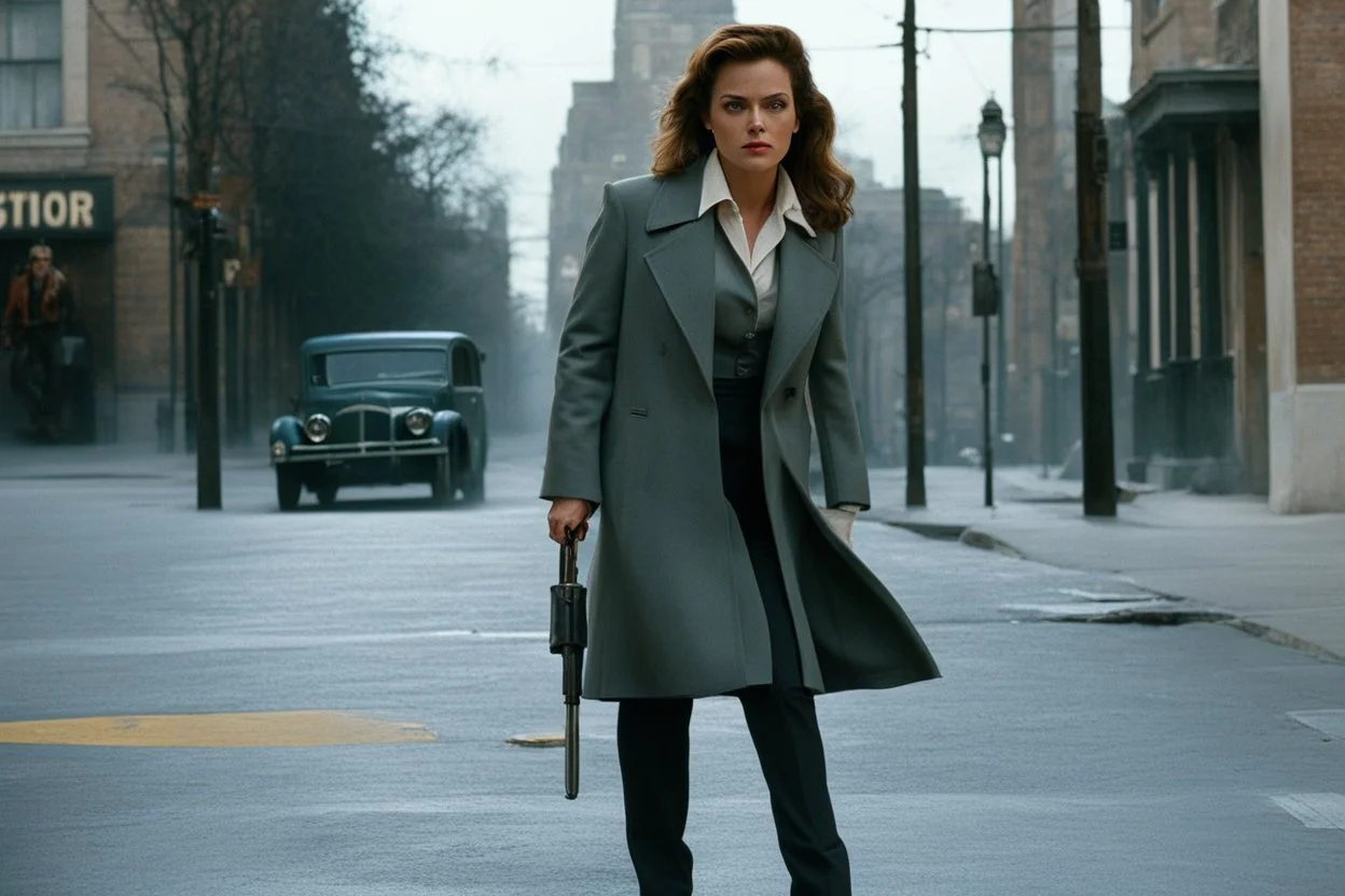 (photo from a movie by Quentin Tarantino) a woman detective investigates a strange case on ghosts killing people because a road perturbated their old HQ... She is standing on the sidewalk