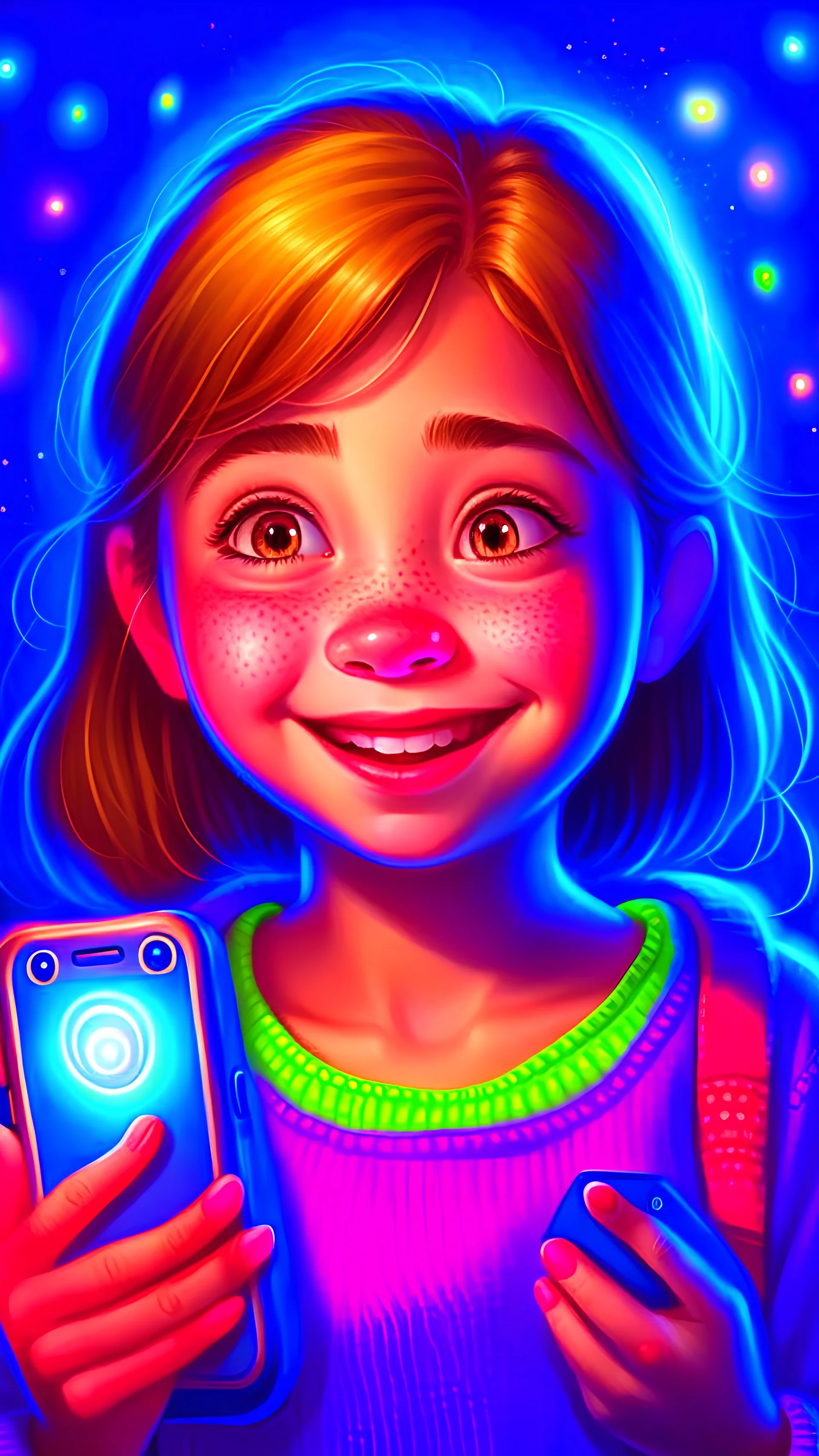 Girl holding a phone with a happy face. Children's story book, illustration, key lighting, soft lights, hazy, by Steve Harris, Lisa Juskavage, Serov Valentine, by Tarkosovsky, 8k rendering, detailed, cute cartoon style, very cute face.