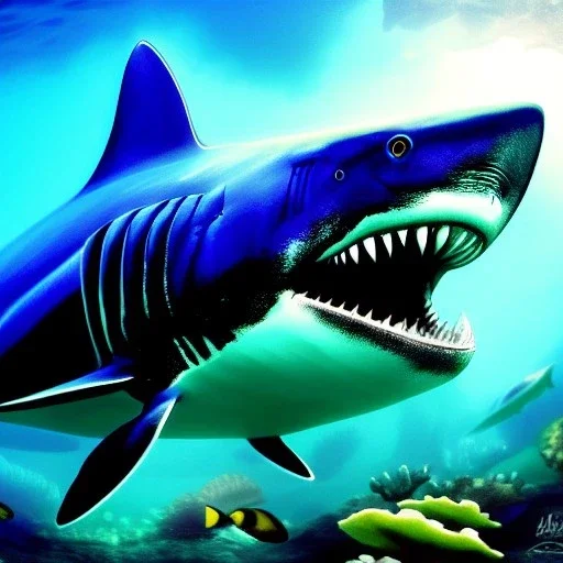 ultra detailed fullbody portrait of Megalodon underwater, extremely detailed digital painting, intrincate, extremely detailed face,crystal clear Big eyes, in the style of rafael sanzio, mystical colors , perfectly centered image, perfect composition, rim light, beautiful lighting, 8k, stunning scene, raytracing