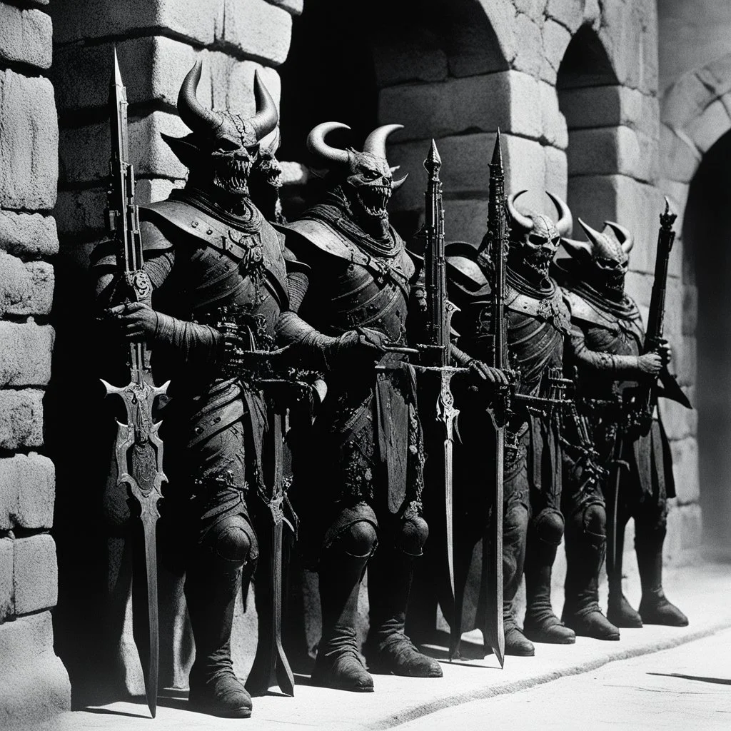 [high res bloody photo by Ray Harryhausen] In the shadowed depths of the ancient demonic citadel, a rack of devil firearms stood ominously, their twisted forms exuding a malevolent aura. Each weapon bore the mark of a specific soul of the underworld, crafted from dark metals forged in the fires of the abyss.