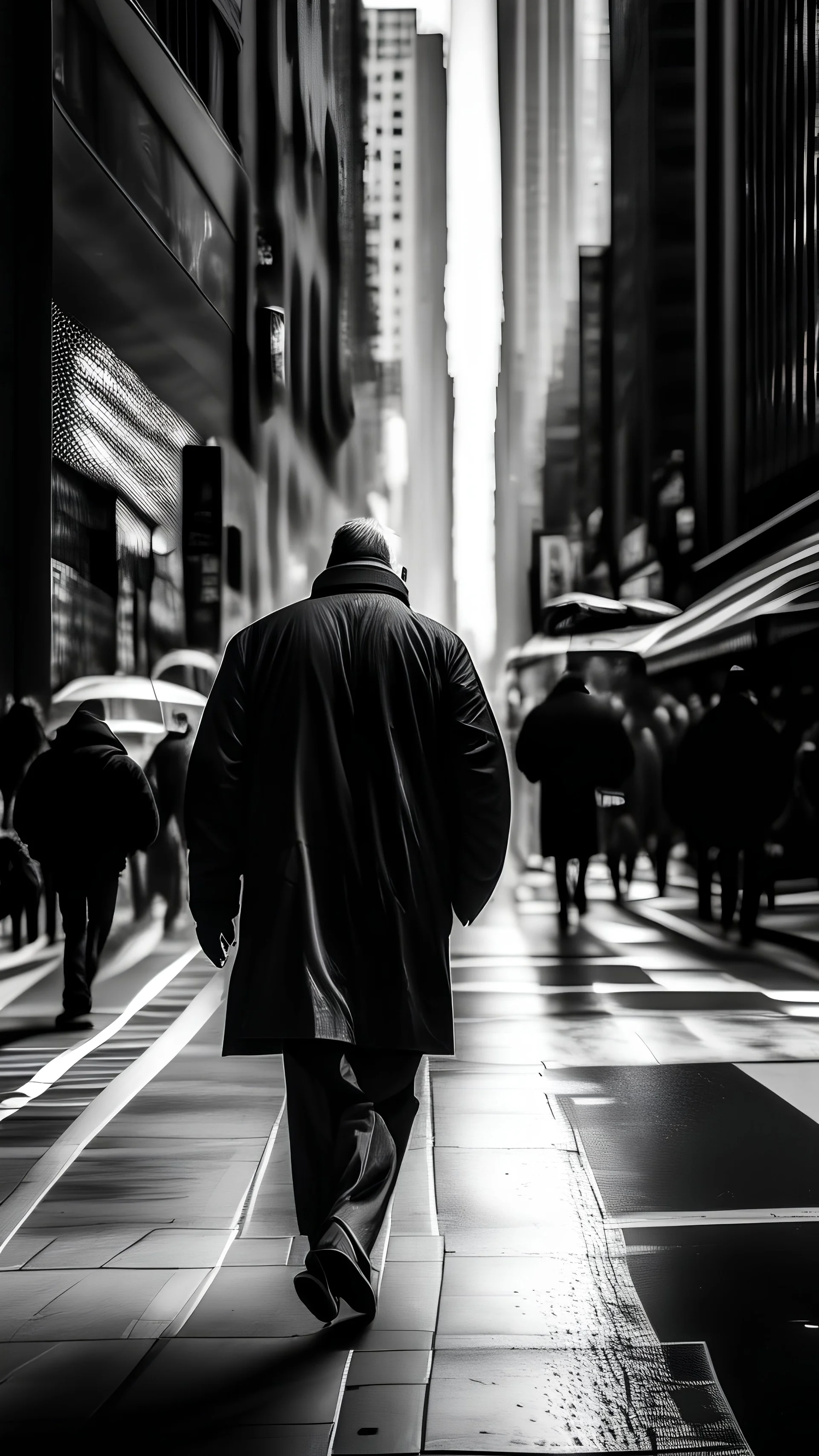 Abstract Photography capturing a solitary figure in the bustling streets of New York city. The monochromatic street scene revels in the energetic grays, highlighting the man's dynamic presence amidst the urban chaos.