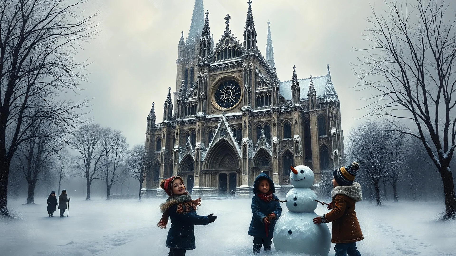 dark and mysterious, A winter scene of the Chartres cathedral covered in snow, with children of different descents building a snowman in the foreground, showcasing the beauty of Gothic architecture in a snowy landscape., dark shadows and fog, blurred, neo-expressionism