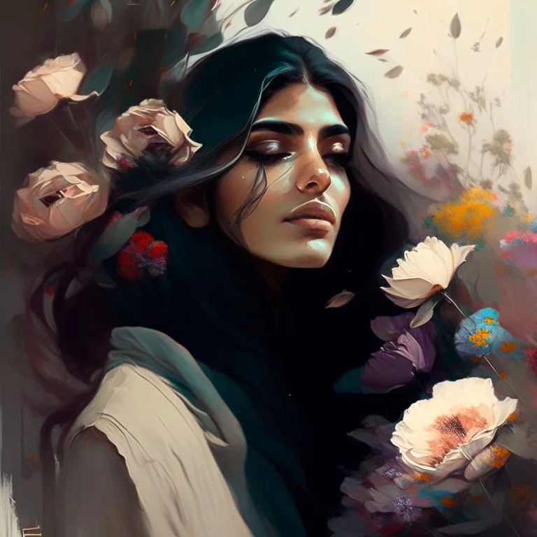 woman, life, freedom, Persian girls, digital art, muted tones, flowers everywhere, REALISTIC