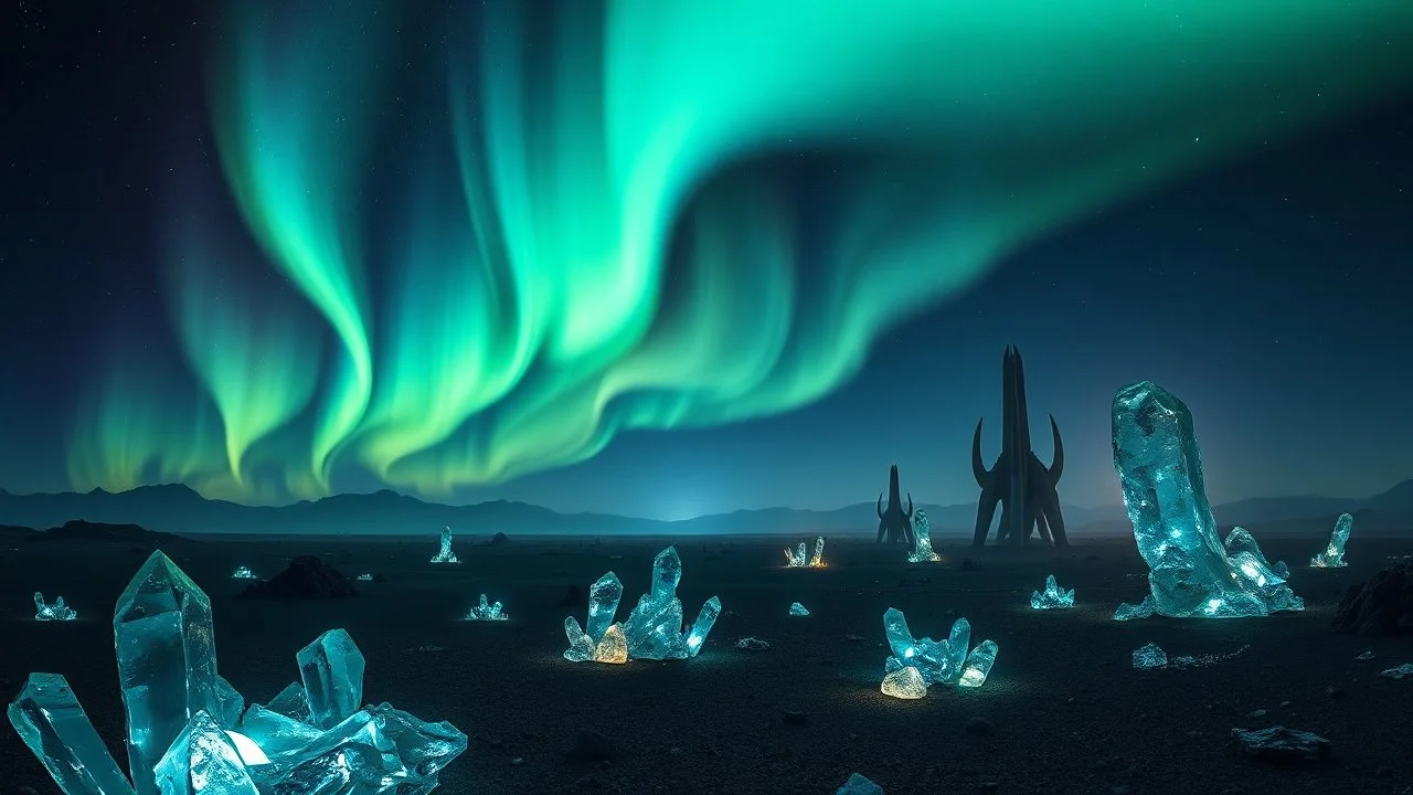 A stunning aurora borealis stretching across a dark, alien desert, with massive crystal formations glowing in the foreground and strange, towering creatures in the distance. Photographic quality and detail, award-winning image, beautiful composition.