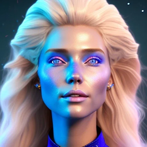 A portrait of a crystalised blue pink queen,smiling face, blue eyes, long blond hair, atmospheric, realistic, unreal engine, lighting, octane render.