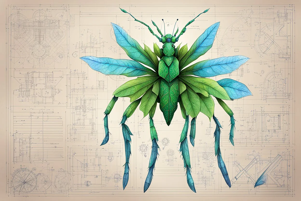 Hand drawn technical,full body illustration , with detailed blueprints and engineering schematics of a walking leaf insect girl, with highly detailed facial features, drawings, and technical notation, 8k, vibrant natural colors