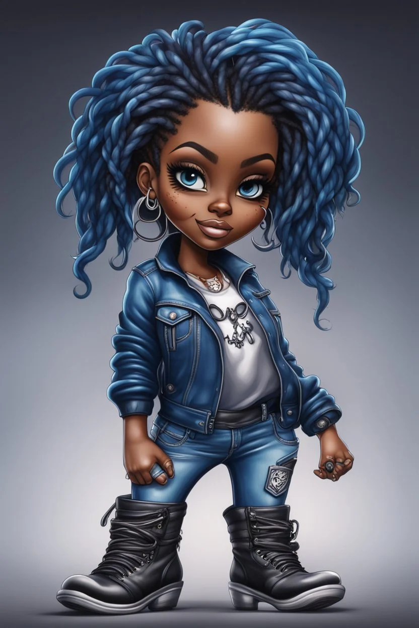 create an airbrush illustration of a chibi cartoon voluptuous black female wearing a blue jean outfit with biker boots. Prominent make up with hazel eyes. Extremely highly detail of a short and shiny twisted dreadlocks. Background of a bike show.