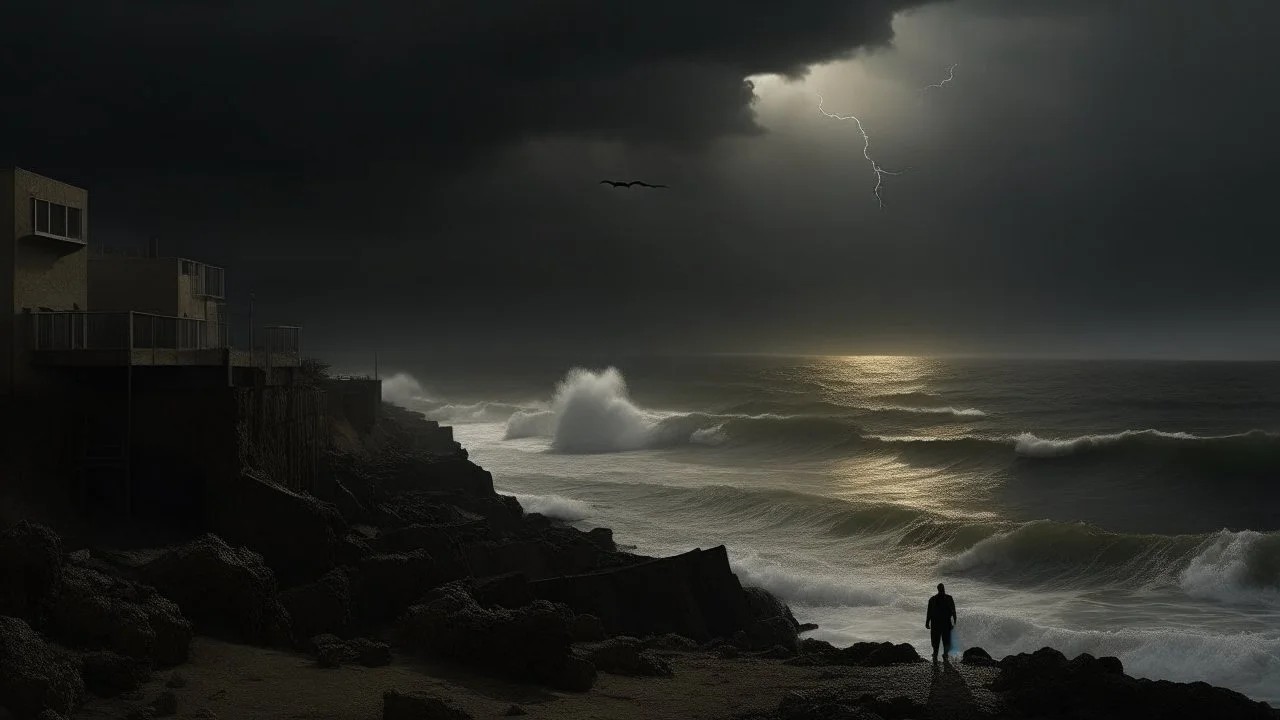 PEACE IN GAZA.Photo-realistic scene ,desolate, standing on a jagged cliff, overlooking turbulent, inky black ,A storm brews in the distance, with dark, ominous clouds gathering, powerful beam pierces the darkness, and within its light, ethereal shadows of shipwrecked souls can be seen, their translucent forms forever searching for a way home.