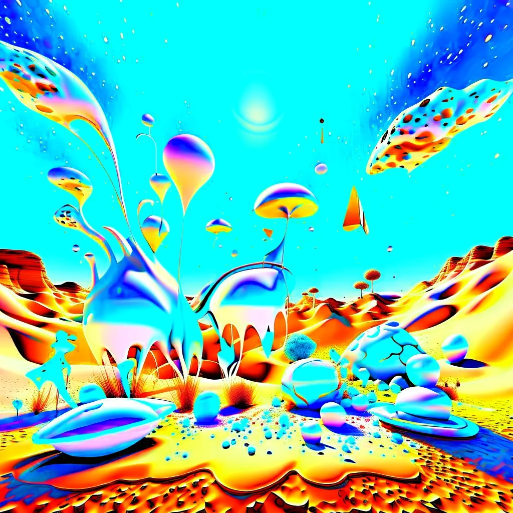 Bright, glittering, 3d, steel-like, surreal objects in a bright environment, desert, night light, melting cream, Yves Tanguy style