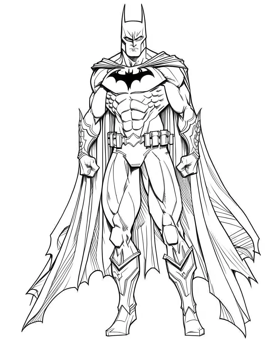 batman, coloring page, no leaves, full body (((((white background))))), only use an outline., real style, line art, white color, clean line art, white background, Sketch style