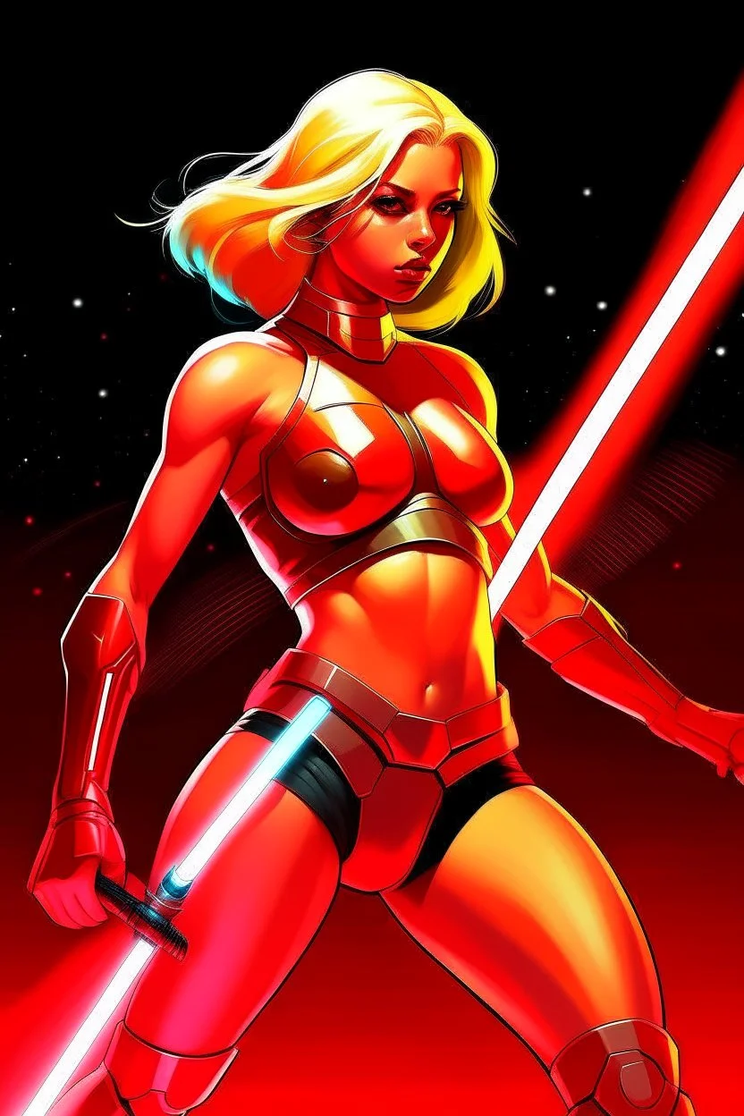 A blonde space warrior woman with a curvy figure, wearing a red bikini and wielding a laser sword