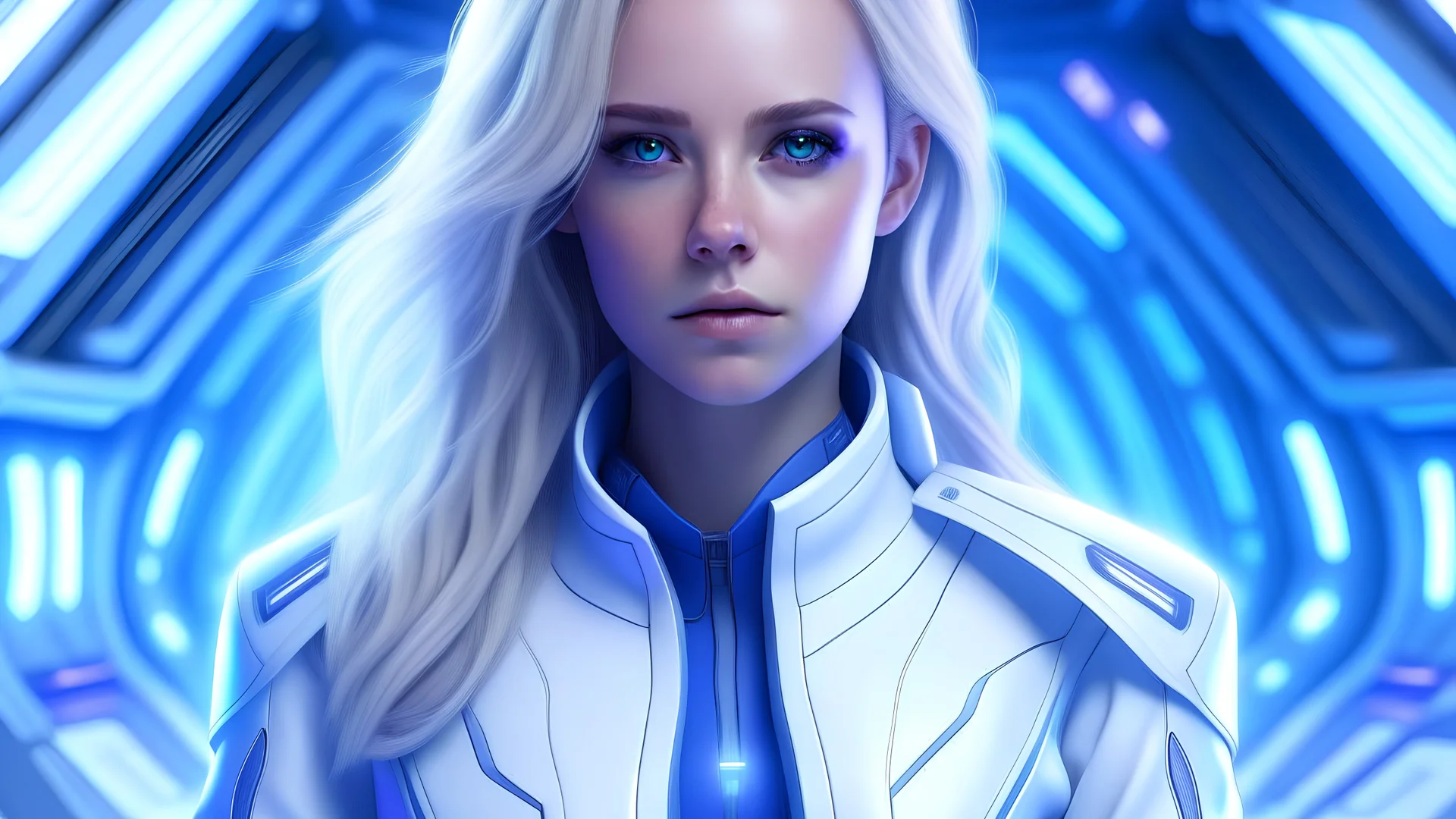 Femme galactique magnifique, yeux bleux, long cheveux blonds, commandante, en combinaison blanche lumière détails violets et bleus, futuriste