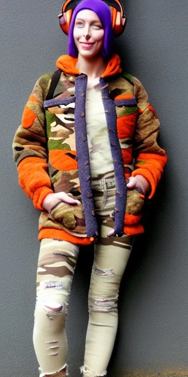 Brunette woman. average body type, think thighs and thick calves. Mantle is sewed of recycled Denim and sewed together of camouflage pieces. Printed camouflage figures are orange,terracotta, cream and purple. It is with big bright purple felt tippet and cream-colored-hood. mantle is merged with satchel. . AKG-style headphones (gold rings!) is merged with small felt cap with small visor. Style: Haute Couture in 1936, Paris fashion in 2023, inspired by street art. Cream latex gaiter.