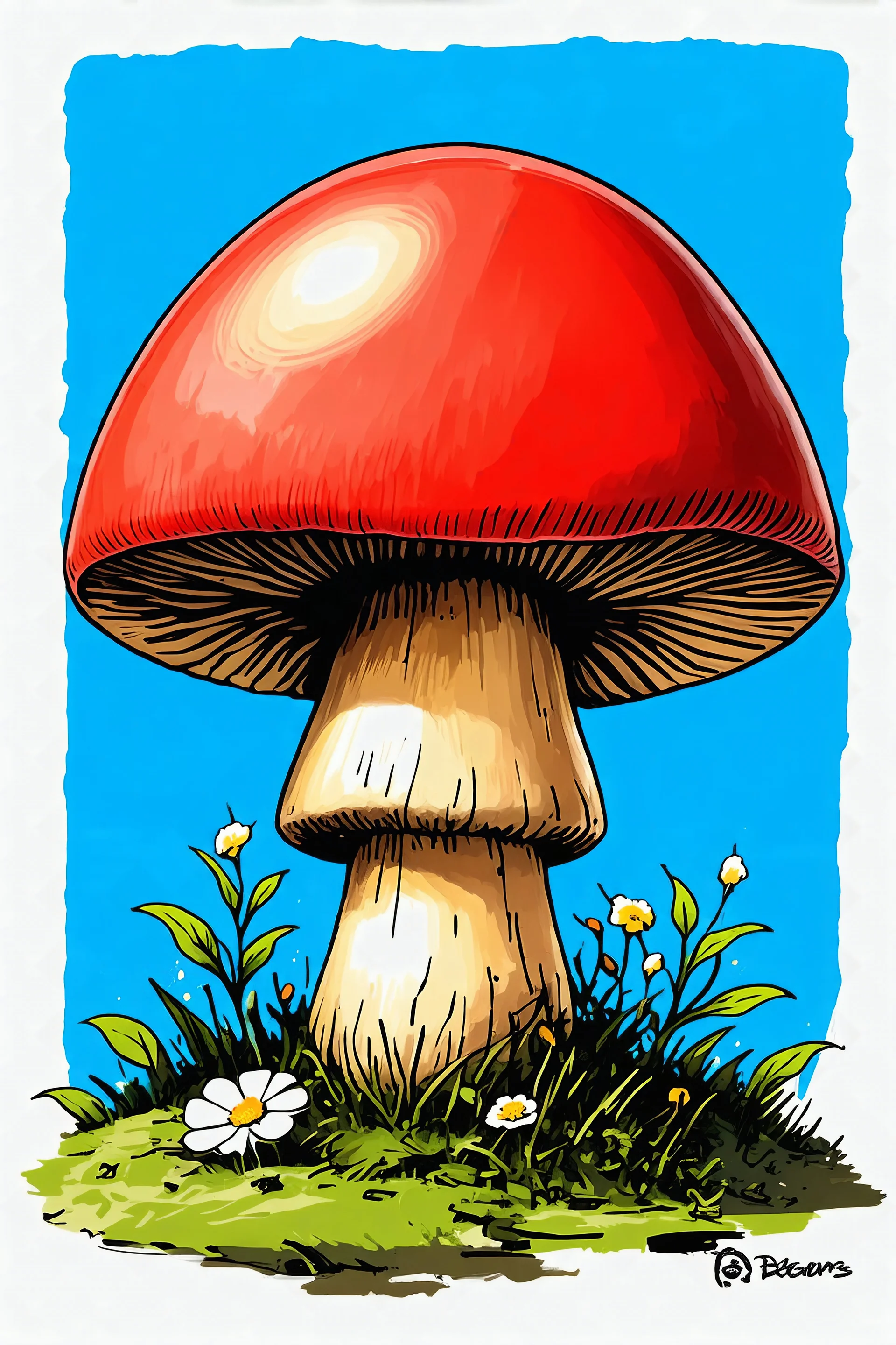 coloured outline pencil sketch of a red steampunk mushroom