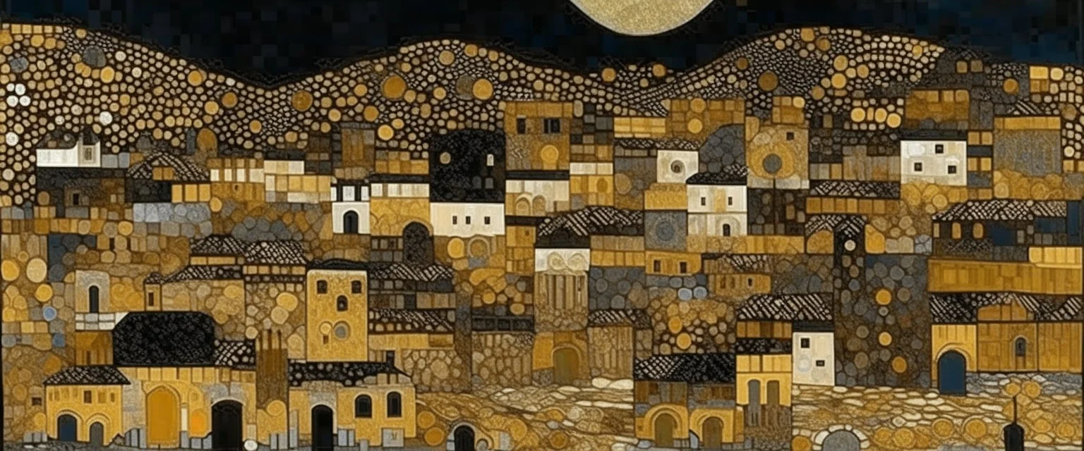 A black wastelands with an abandoned town designed in ancient Roman mosaics painted by Gustav Klimt