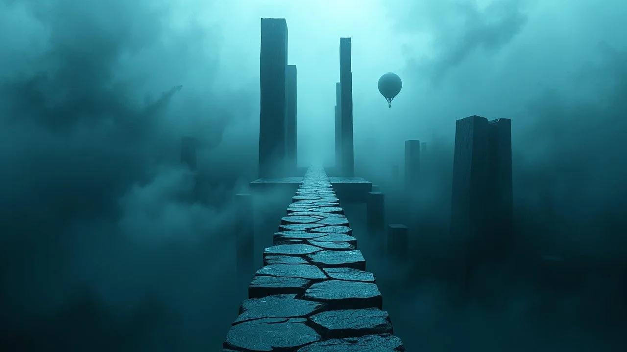 A surreal, dark and cold abstract artwork dominated by deep blue, icy cyan, charcoal black and muted steel-grey tones. An thin narrow passageway emerges from an abstract distorted weird landscape, surrounded by thick atmospheric fog and drifting mist. The space feels dreamlike, alien and unsettling, with fragmented floating geometric forms, black onix architectural fragments and unnatural perspectives. At the center of the composition cracked stone way over abyss, passage over nothingness