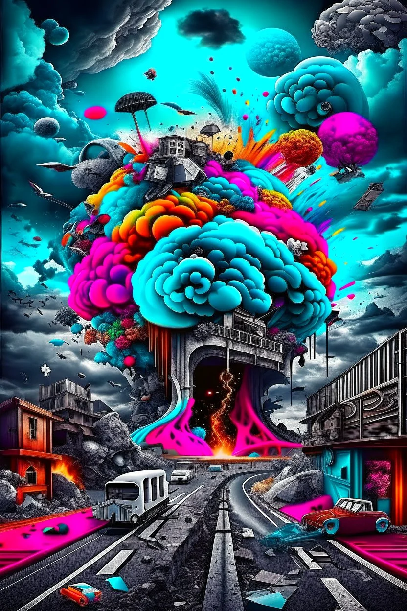 A surrealistic image of the irony of life, where funny and sad things are mixed together in an abstract way. The image is the best ever art creation, with 8k resolution and realistic details. It shows a contrast between the bright and dark sides of life, and how they are both essential and inevitable.