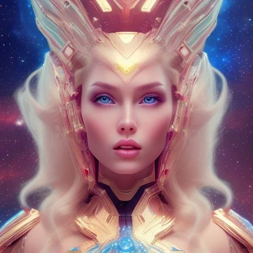 Beautyful woman,galactic , cosmic armor,hair long blond, blue eyes, happy cosmic, bright colors, blue, pink, realistic, photo real, clear sunny background, highly detailed, high contrast, 8k high definition, unreal engine 5, extremely sharp detail, light effect, sunny light background