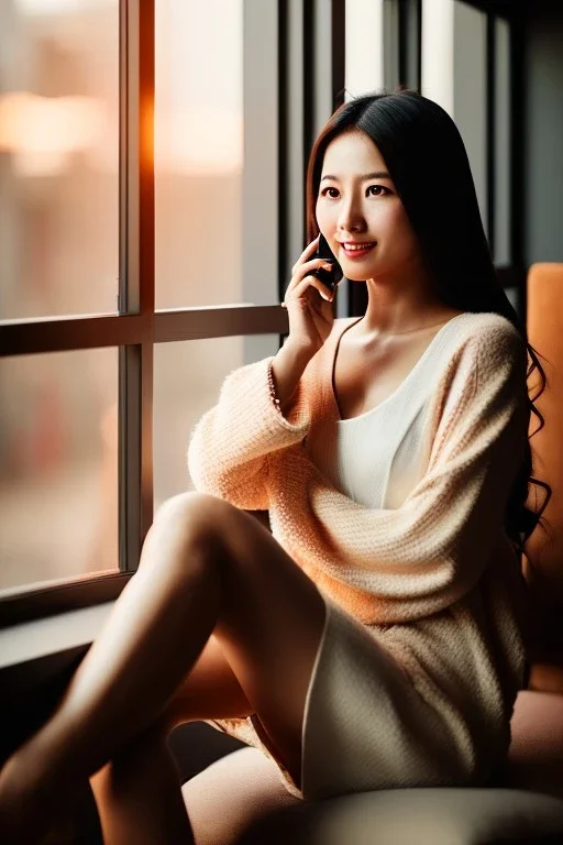 stunningly beautiful asian girl, sitting inside a cozy cafe