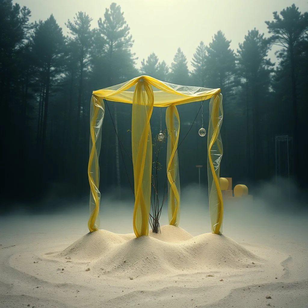 A photo of a closed environment in a dark closed space. In the background there is a forest. Più piani si intersecano. At the center, a structure made of plastic, yellow and silver, lucid. Plants, clouds. Max Ernst. The surface below appears to be sandy, with small accumulations of sand, scorrere dell'infinito. Fog, powder. In the background, other forms or structures are visible, pastel colors, yellow. The photo was taken with a Hasselblad H6D 400c camera.