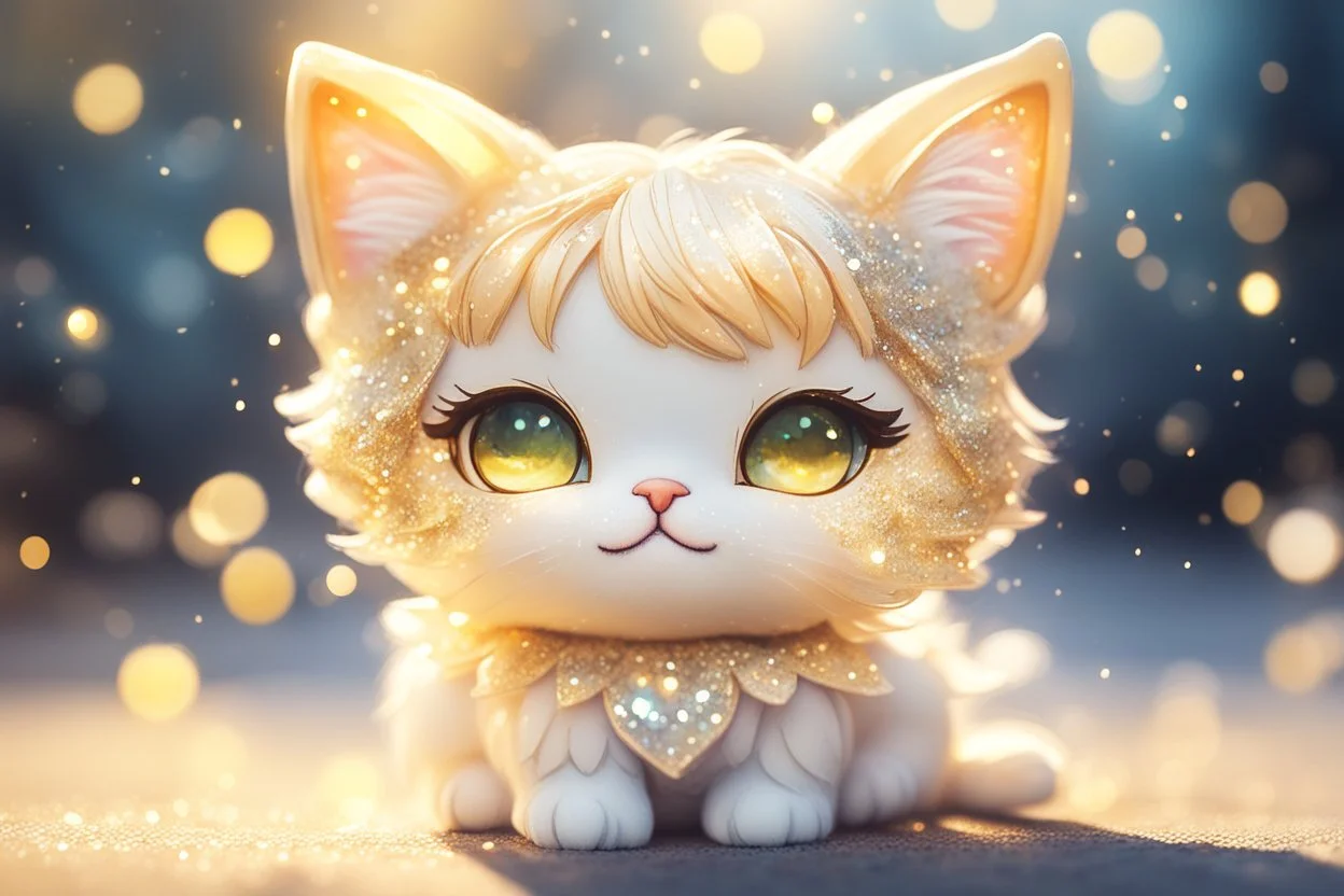 cute chibi daisy cat in sunshine, watercolor and black ink outlines, sparkling golden glitter, ethereal, cinematic postprocessing, bokeh, dof