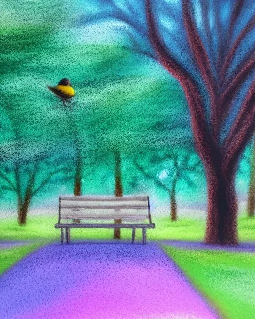 park mystical dream, park bench, man, woman, child, dog, trees, path, bird, sunshine, mystical, fantasy, romanticism, pastel colors, daylight, daytime, acrylic painting, detailed, soft focus,