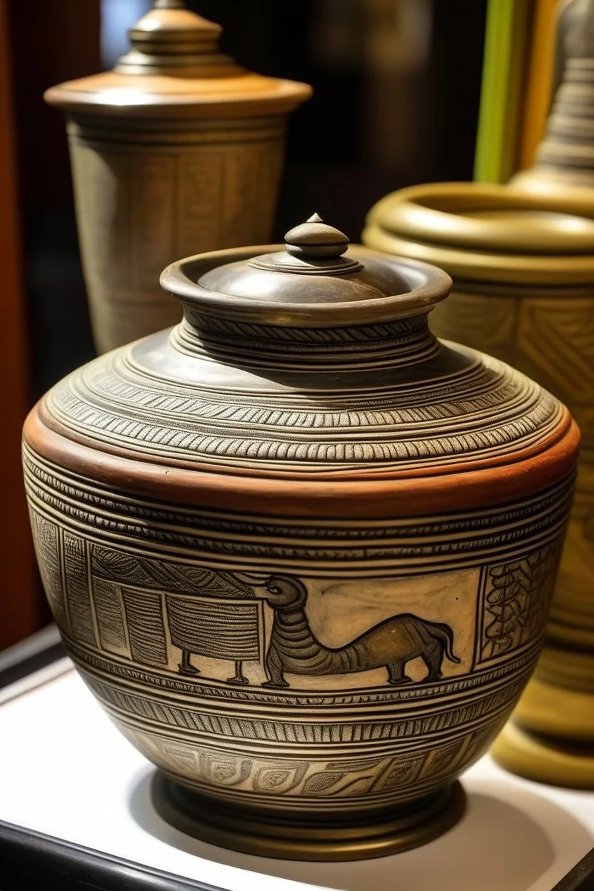 جرة منقشة بنقشات فرعونية واعلاها صحن منقش