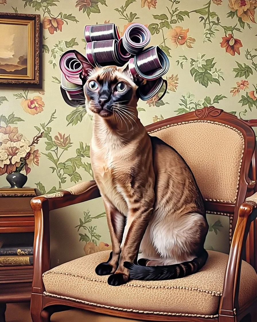 Create an old hyper realistic photo of an Oriental shorthair Siamese cat sitting in a chair with curlers on her head. In an old fashioned background with a nice botanical wallpaper, an old painting in the background. A vintage look, soft colors, a grunge filter.