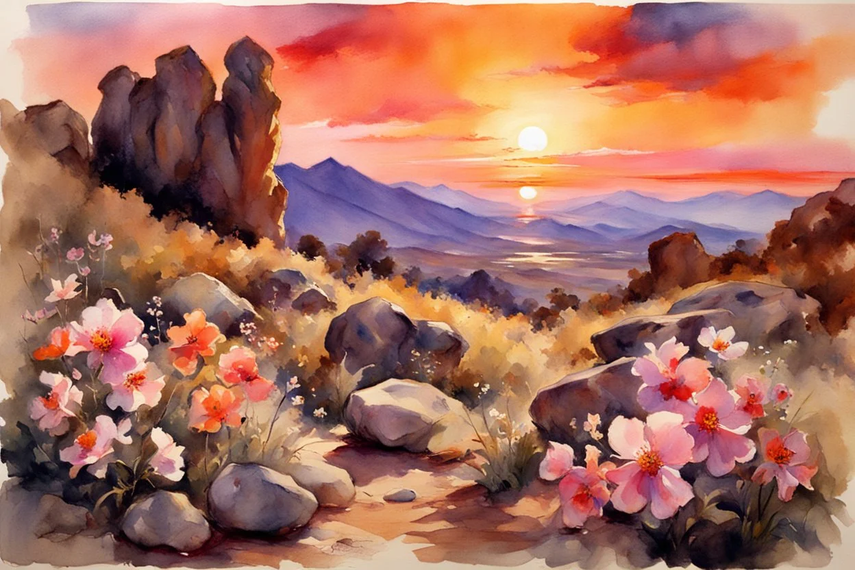 Amazing beautiful sunset, flowers, rocks, mountains, trees, sci-fi, fantasy, epic, john singer sargent watercolor paintings