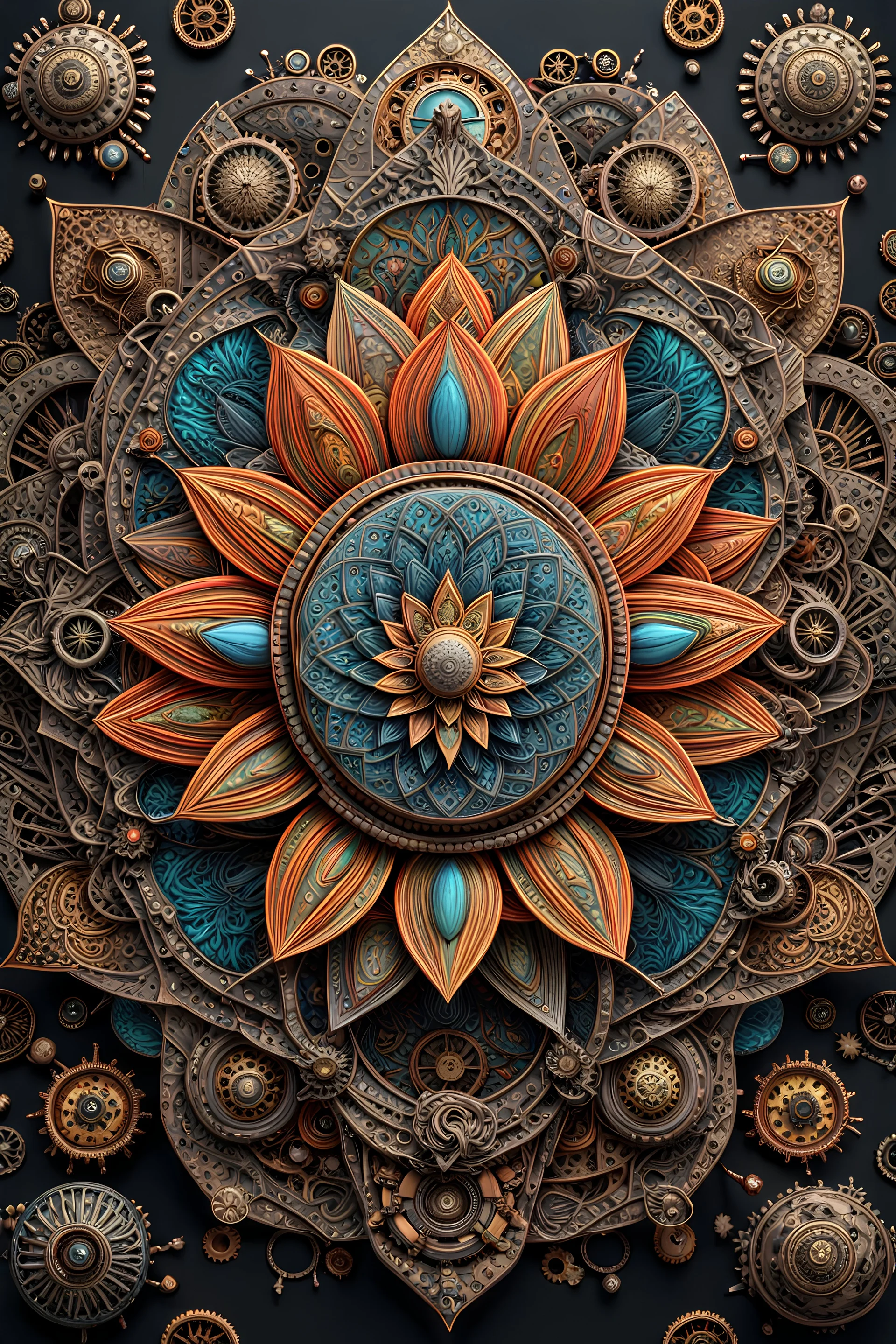 3D rendering of Expressively detailed and intricate of a hyperrealistic “lotus”: symmetric, front view, colorful paint, tribalism, steampunk, shamanism, cosmic fractals, dystopian, octane render, volumetric lighting, 8k post-production, detailled metalic objects, dendritic, artstation: award-winning: professional portrait: atmospheric: commanding: fantastical: clarity: 16k: ultra quality: striking: brilliance: stunning colors: amazing