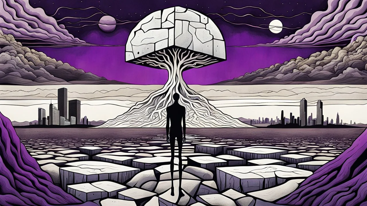 a nonbinary human figure stands inner in middle of an giant block of stone consisting of several layers outside around weird landscape with city in the distance, sharp lines, fade pale eyes, fade human figures in city, dark purple, gray, black, white, brown. Whimsical style and surreal vibe, lonely with absurd broken land, neuron network background, surreal nightmare vibe
