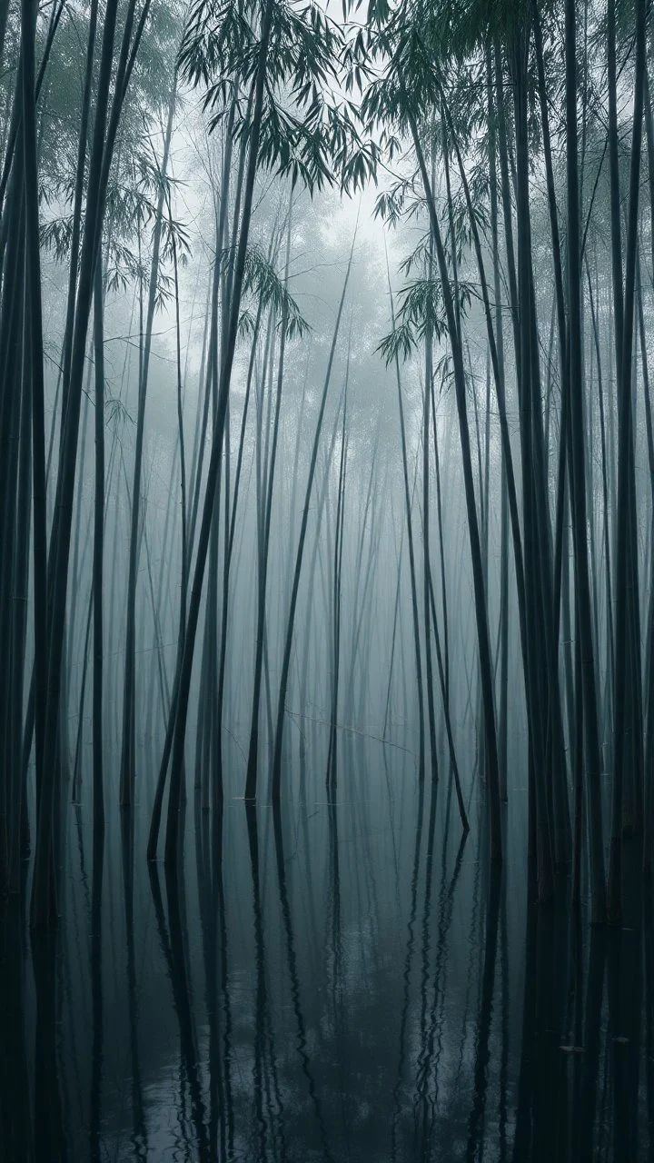 A swamp of bamboos gray trees in , dim light , foggy, sad, cloudy, atmosphere,