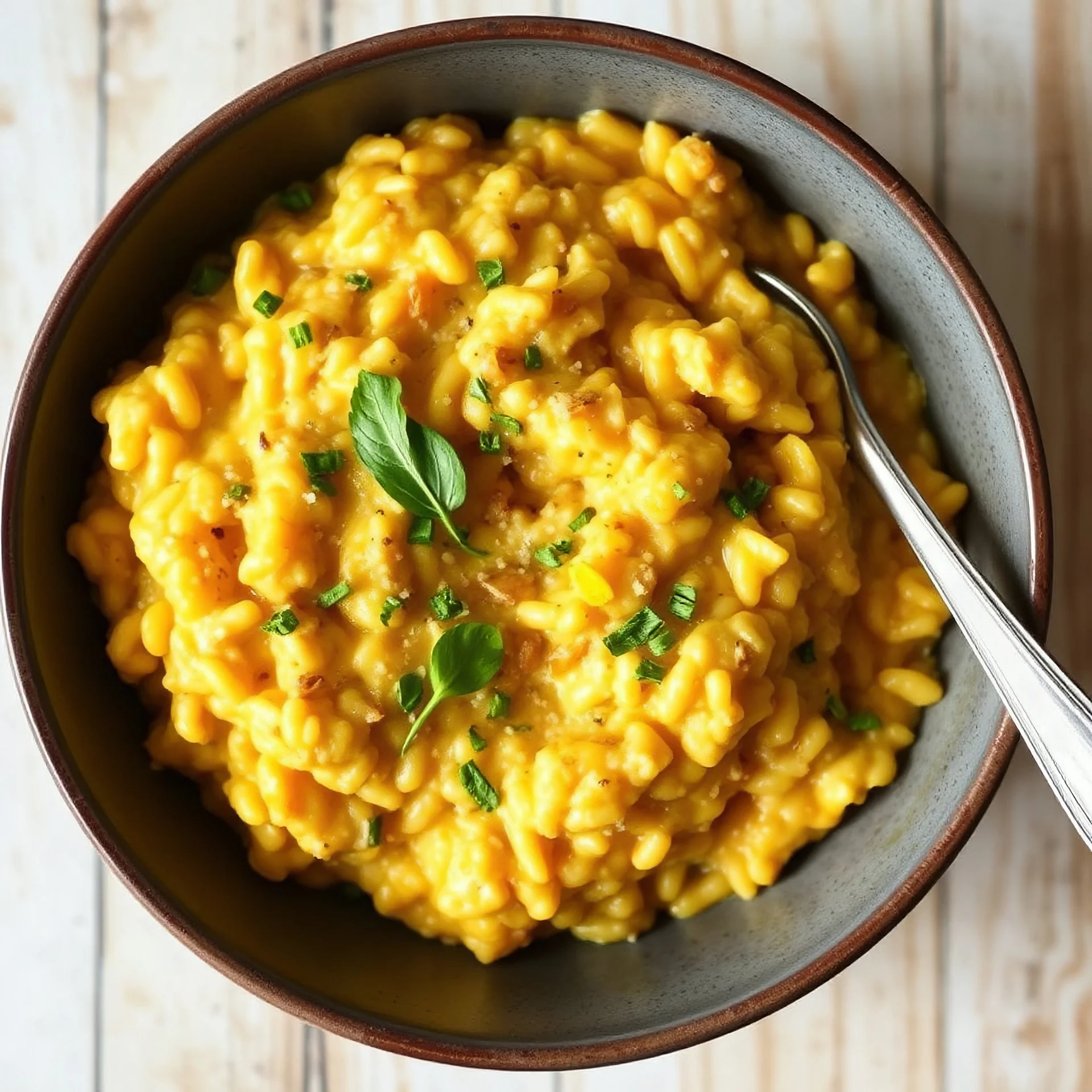 A creamy pumpkin risotto, lightly sweet and perfect for fall.