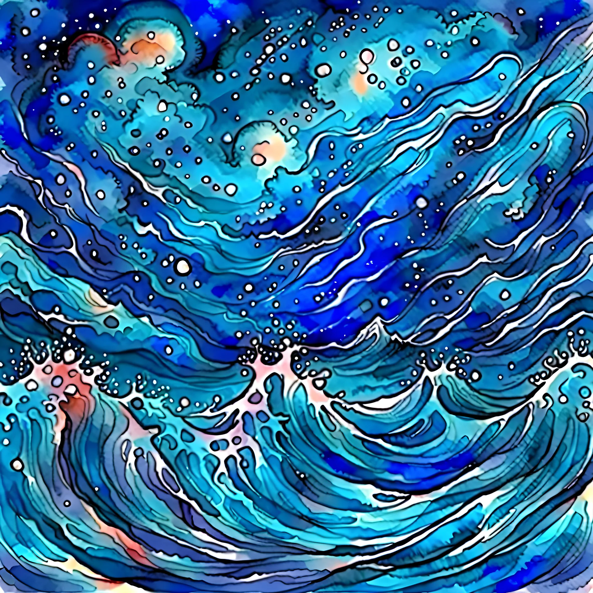 Stormy sea, night sky, magical, lineart, watercolour