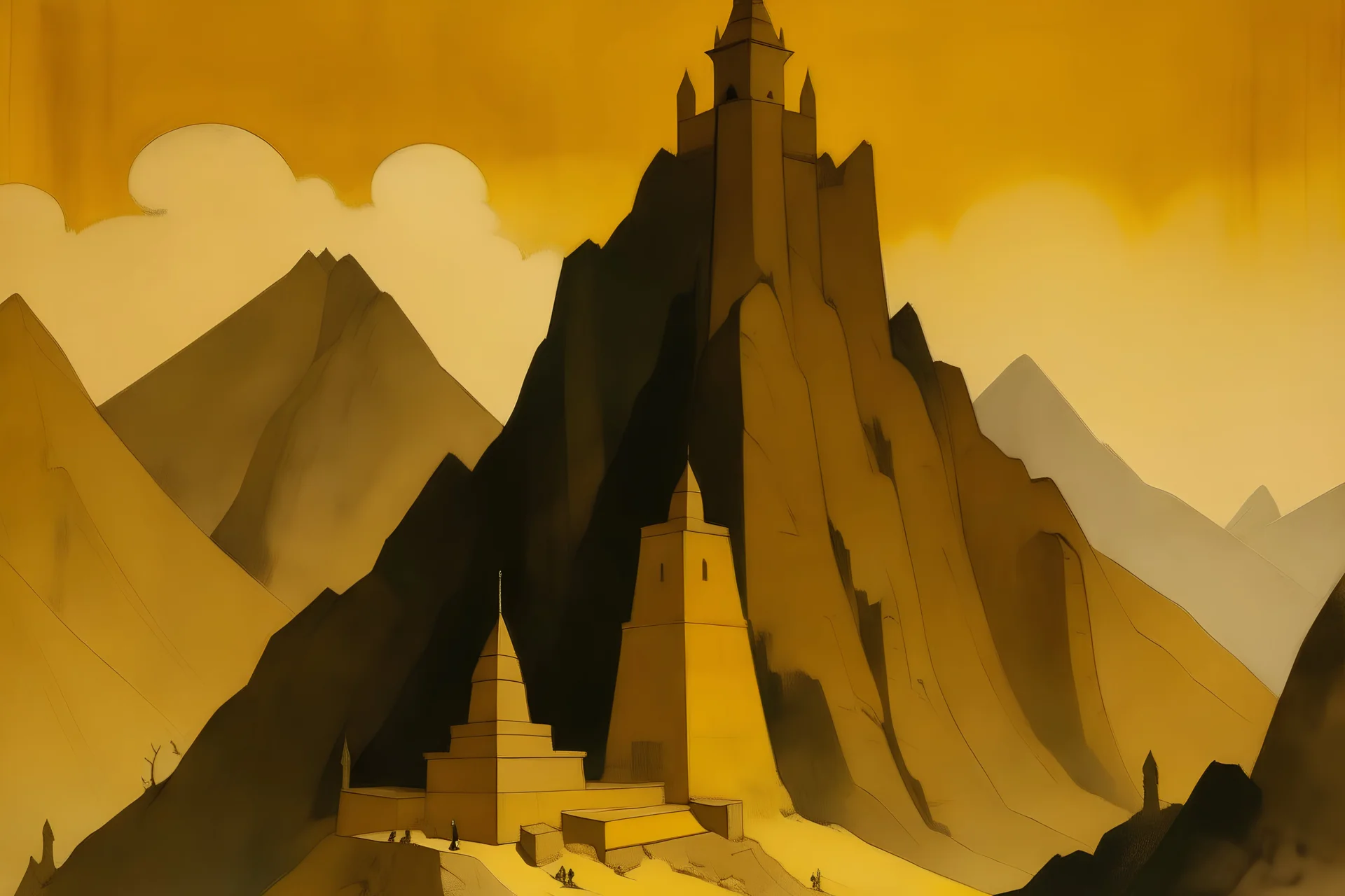 A yellowish-brown temple on a mountain painted by Lyonel Charles Feininger