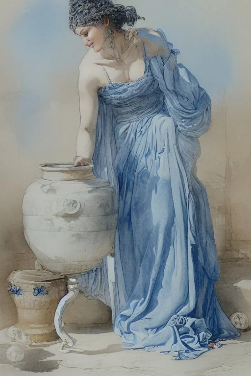 A beautiful woman in an ancient Roman dress pours water from an amphora into a pot in a blue and white bathroom, by Jean-Baptiste Monge, watercolour and ink, highly detailed, award winning, crisp quality in sunshine