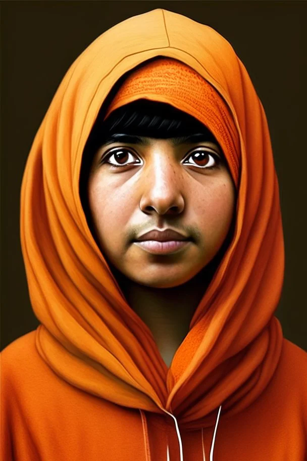 MALALA YOUSAFZAI with orange hoodie, realistic photos