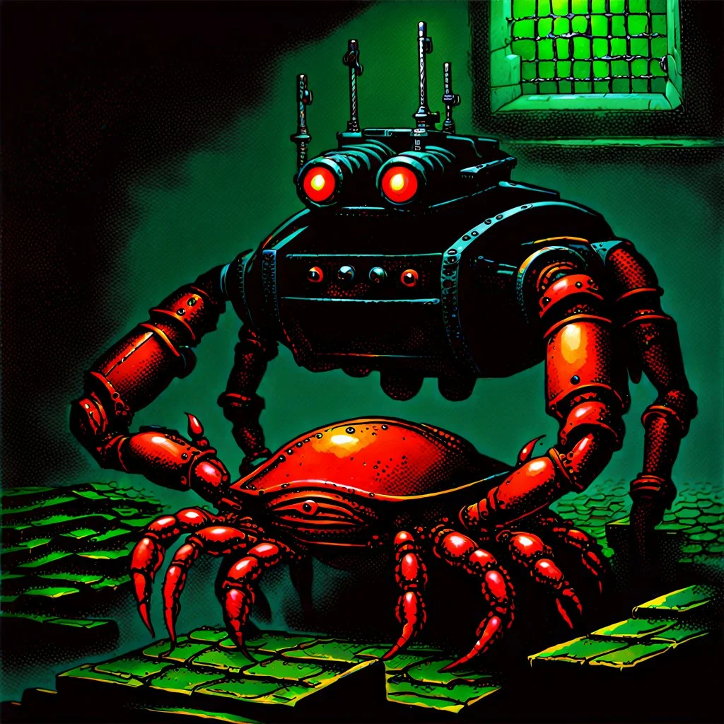 90's TCG fantasy artwork art of robot crab in sewer