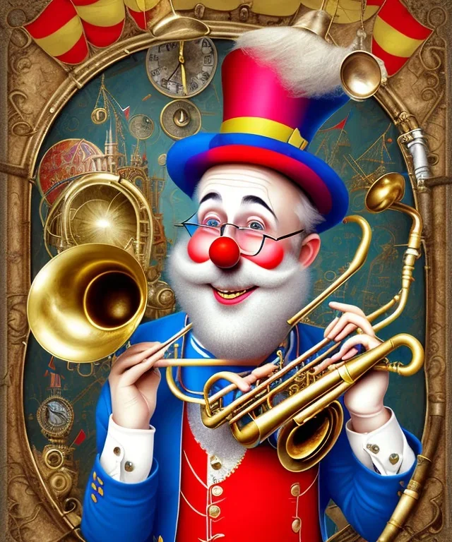 happy and funny old friendly clown with round head and trimmed beard playing jazz with a steampunk theme, trumpet on mouth, paintbrush and aisle, carnival, dreamy