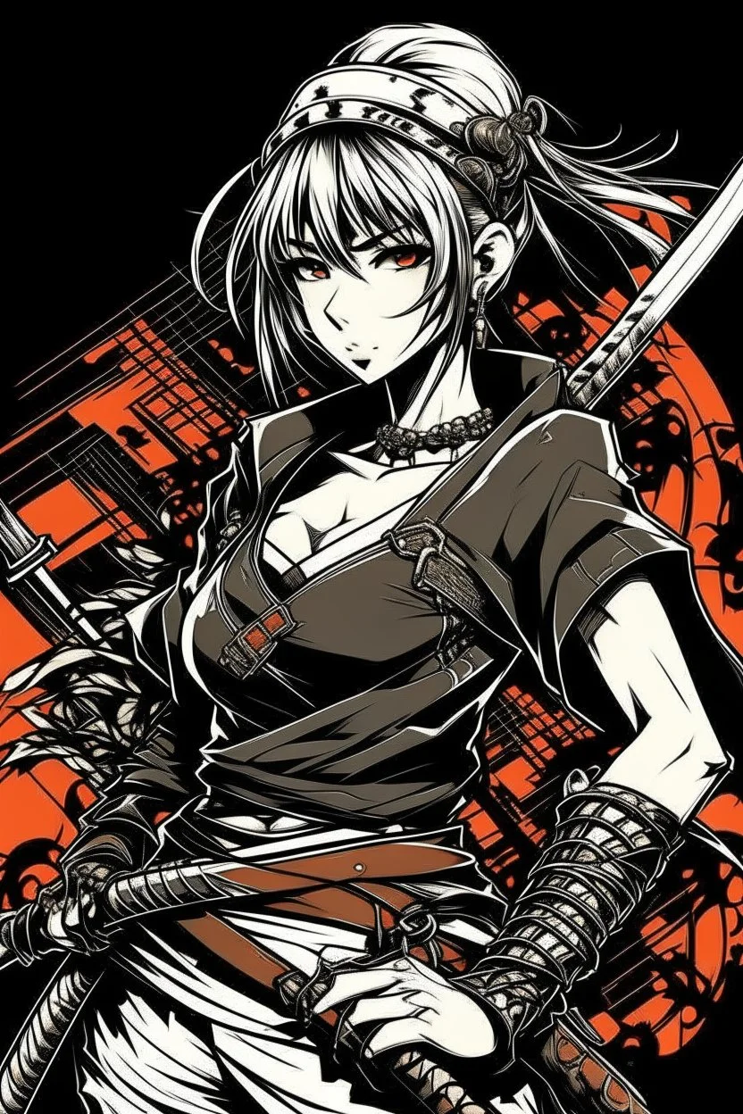 anime girl, Ronin, design for shirt, in the style of Masamune Shirow