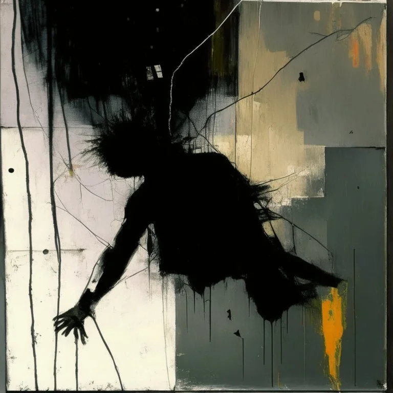 Minimal abstract oil painting of a falling person limbs sinew. Amongst concrete fragments brutalist architecture and hanging wires illuminated at night. In the style of Justin Mortimer and Phil Hale and Ashley Wood