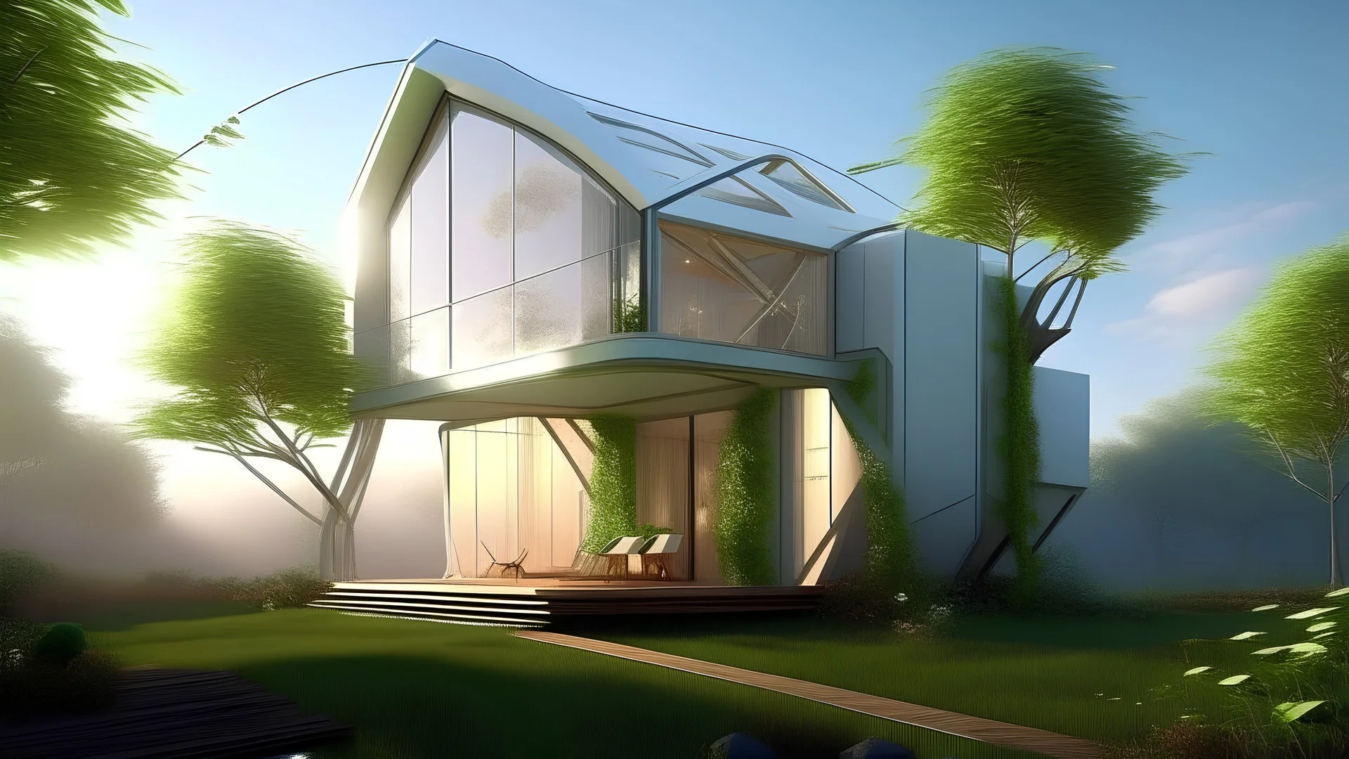 Small house, futuristic with edera, morning