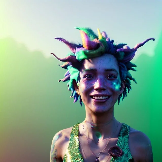 Ultra Realistic photo, medium shot view, drunken sweet dancer irish woman, carnival scene, monster hair, steampunk style. Green hair, confeti, smile, happy, festival, ovnis, gradient color fog. highly detailed, concept art, unreal engine 5, ray tracing, RTX, lumen lighting, ultra detail, volumetric lighting, 3d, finely drawn, high definition, high resolution.