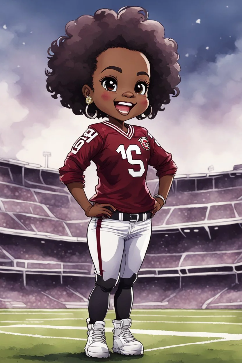 A sassy thick-lined watercolor cartoon image of a black chibi girl standing in front of a football stadium. She is wearing gamecocks jersey Garnet, black and white jersey blouse and tight white jeans behind her curvy body. Looking up coyly, she grins widely, showing sharp teeth. Her poofy hair forms a mane framing her confident, regal expression. Prominent makeup with hazel eyes. Hair is highly detailed.