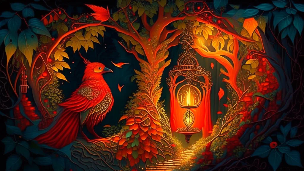 Slavic mythology enchanting garden with lush greenery and beautiful stone winding paths with small lanterns in the trees. It's twilight. Depict only one creature: the Firebird. The body of the Firebird is adorned with feathers of vibrant red, orange, and gold, each one glowing with an otherworldly brilliance.