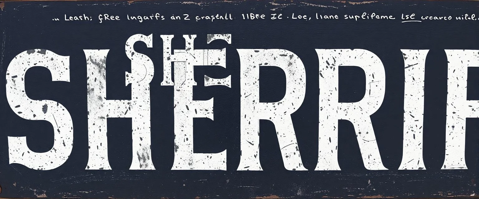 wide hand painted old sign that reads: "SHERRIF" white on black with inset boarder stripe in white