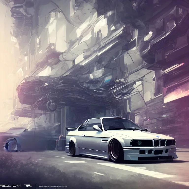 voiture blanche, fleur, chrome, synthwave, concept art, couleur vibrante,BMW E36, drift