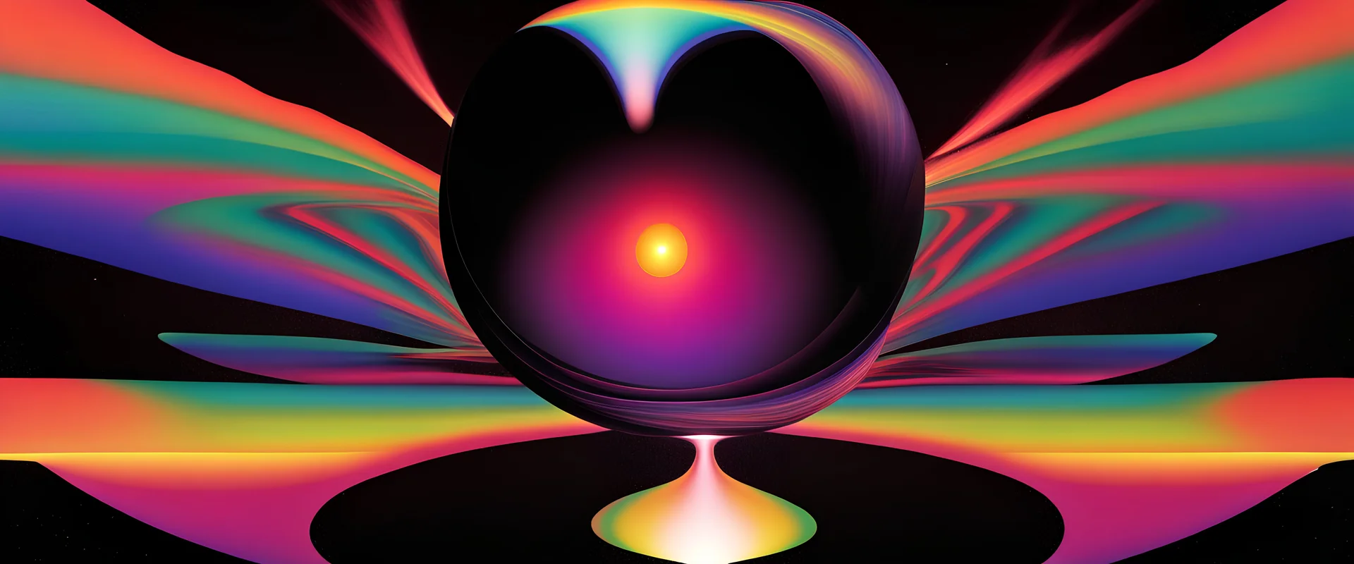 orbiting a black hole from a trillion miles away, peaceful, colorful, dark, ominous, beautiful, sphereically symmetrical