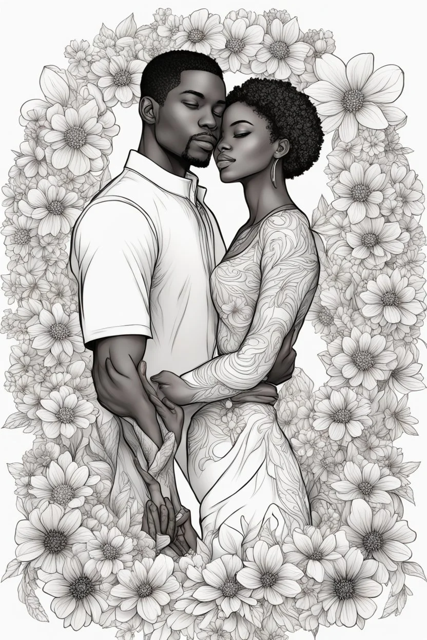 Create outline art of coloring page of a black couple surrounded by blossoming flowers symbolizing the growth and beauty of their love. white background, sketch style, half of body, only use outlines, Mandala style, clean line art, white background no shadows, no shading, no color at all and clear and well outlined.
