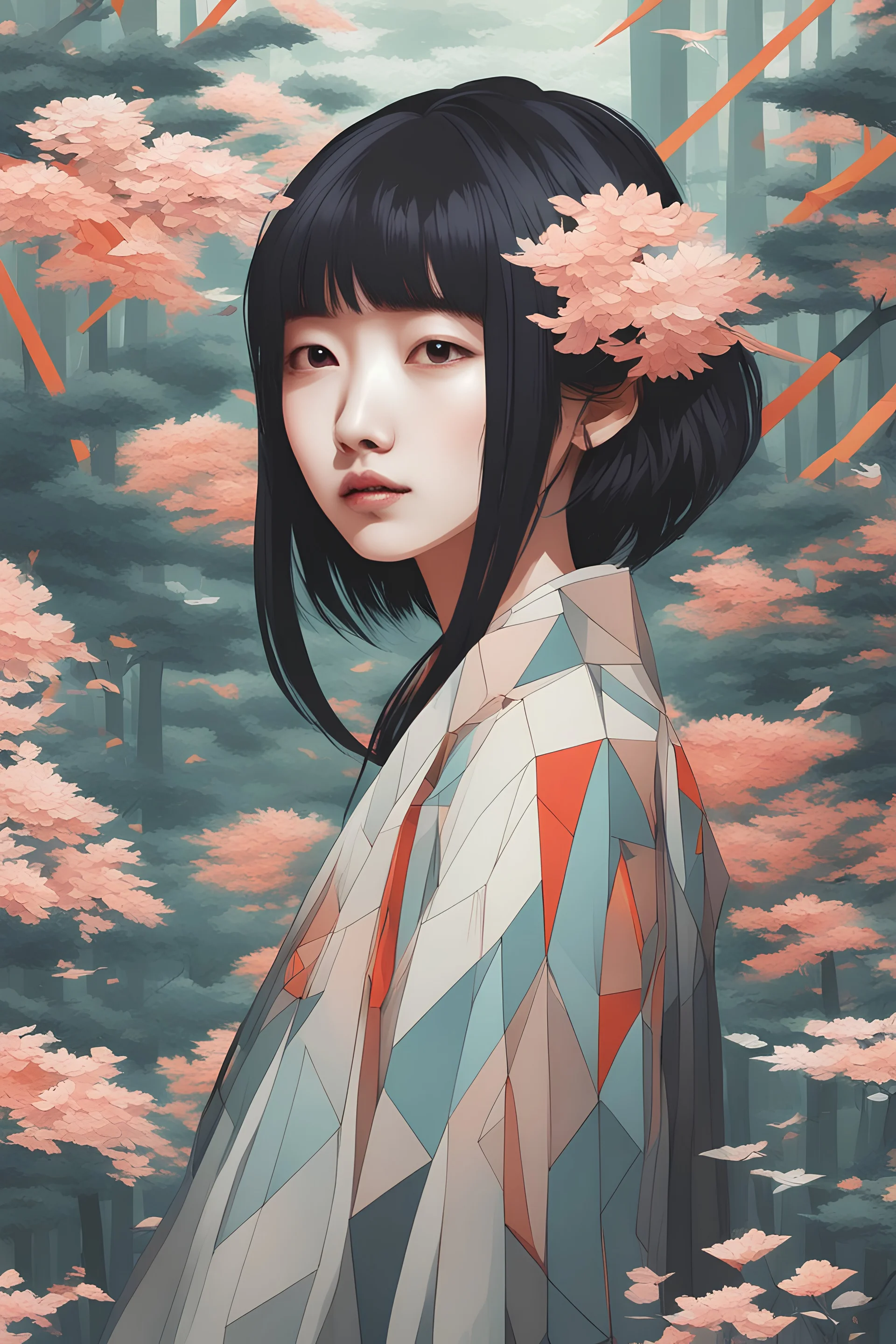 asian in forest flowers geometric art girls gumiho